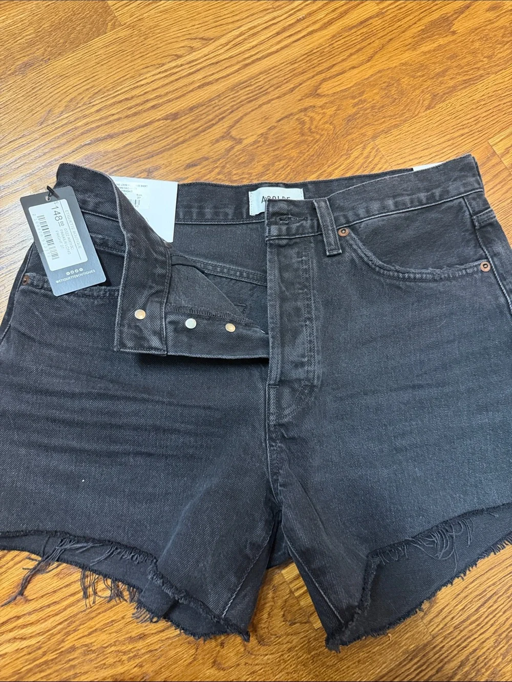 Agolde Parker Long Black Denim Shorts with Raw Hem 27